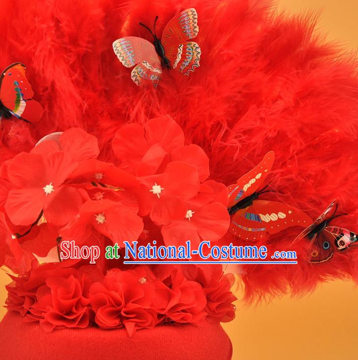 Chinese Catwalks Deluxe Headdress Stage Show Butterfly Tassel Hair Crown Cosplay Court Red Feather Fan Top Hat