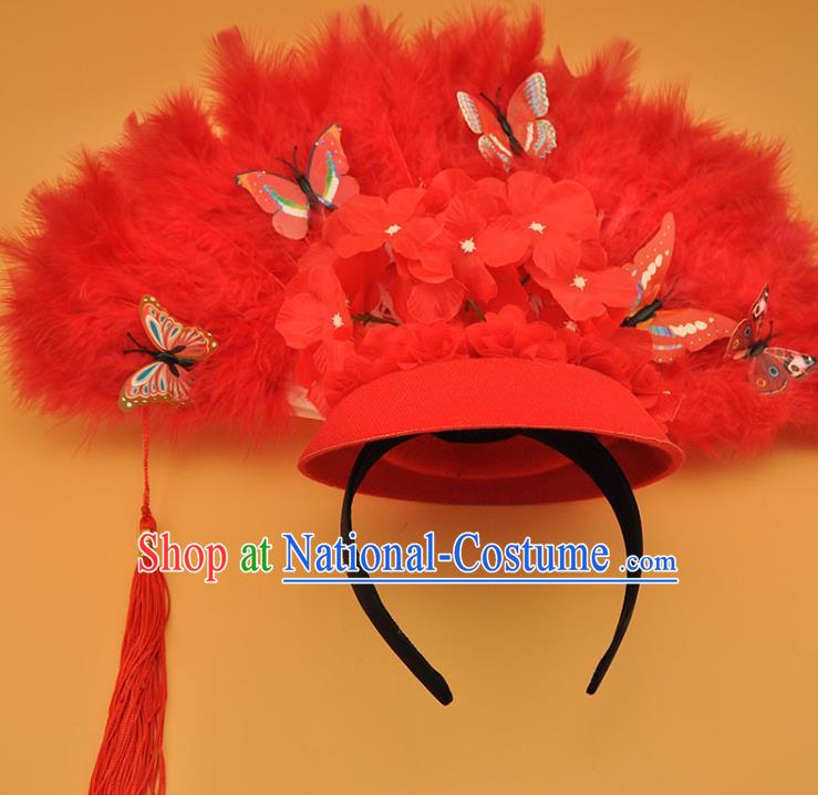 Chinese Catwalks Deluxe Headdress Stage Show Butterfly Tassel Hair Crown Cosplay Court Red Feather Fan Top Hat