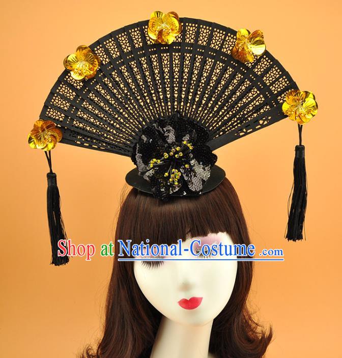 Chinese Stage Show Black Fan Tassel Hair Crown Court Tassel Top Hat Catwalks Deluxe Headdress