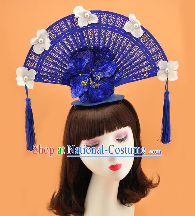 Chinese Catwalks Deluxe Headdress Stage Show Royalblue Fan Tassel Hair Crown Court Tassel Top Hat