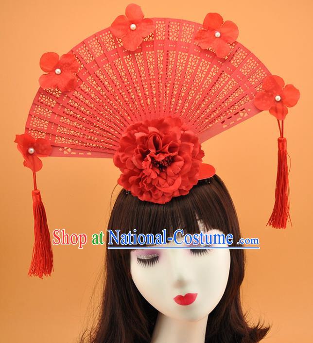 Chinese Court Tassel Top Hat Catwalks Deluxe Headdress Stage Show Red Peony Fan Hair Crown