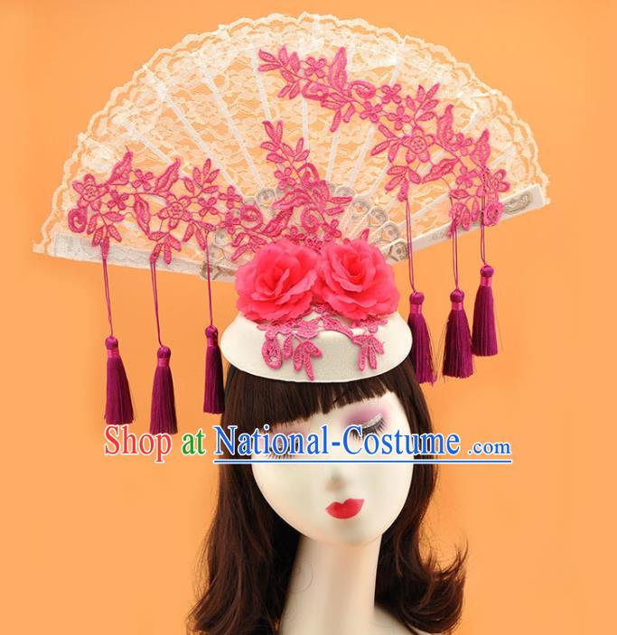 Chinese Catwalks Deluxe Purple Tassel Headdress Stage Show Lace Fan Hair Crown Court Blue and White Porcelain Top Hat