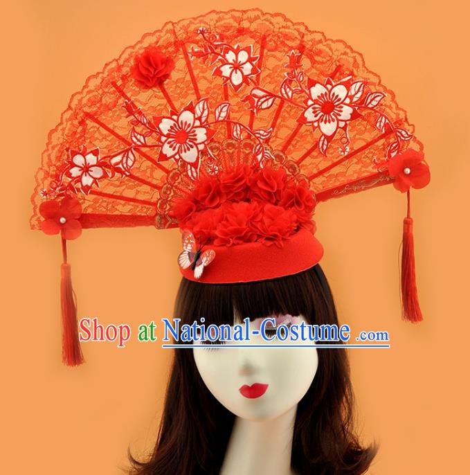 Chinese Stage Show Red Lace Fan Hair Crown Court New Year Top Hat Catwalks Deluxe Tassel Headwear