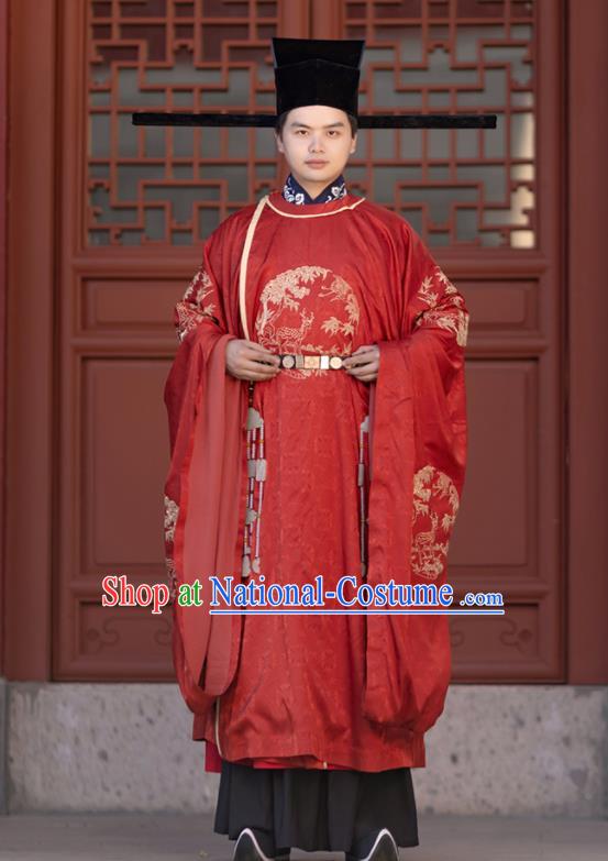 China Song Dynasty Wedding Apparels Traditional Red Hanfu Garments Ancient Official Robe Historical Clothing and Hat