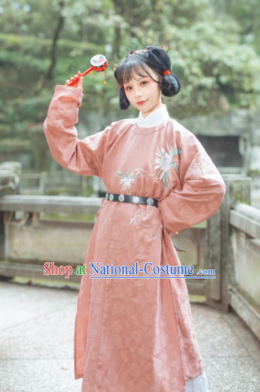 China Tang Dynasty Young Beauty Historical Clothing Ancient Village Lady Dress Traditional Hanfu Pink Robe Garment