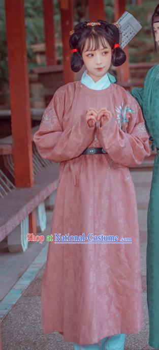 China Tang Dynasty Young Beauty Historical Clothing Ancient Village Lady Dress Traditional Hanfu Pink Robe Garment