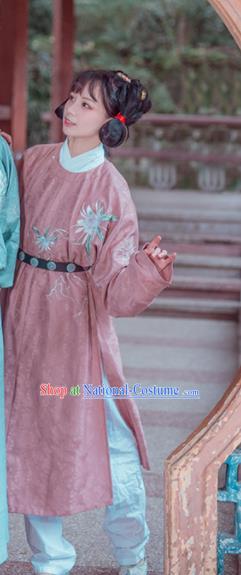 China Tang Dynasty Young Beauty Historical Clothing Ancient Village Lady Dress Traditional Hanfu Pink Robe Garment