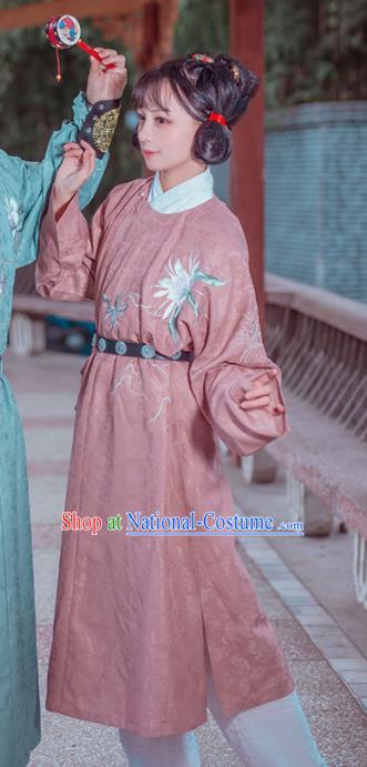 China Tang Dynasty Young Beauty Historical Clothing Ancient Village Lady Dress Traditional Hanfu Pink Robe Garment