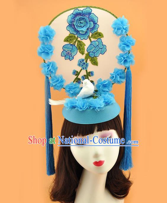 Chinese New Year Catwalks Deluxe Headwear Stage Show Pigeon Hair Crown Court Embroidered Blue Flowers Top Hat