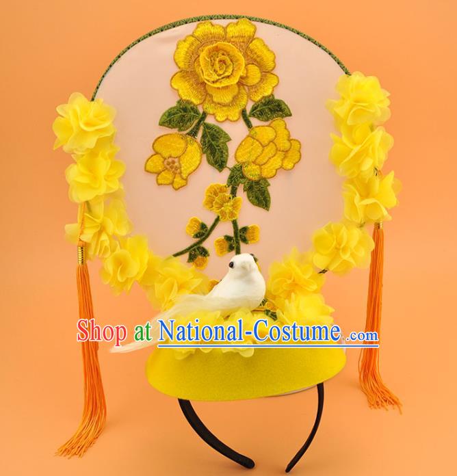 Chinese Court Embroidered Yellow Flowers Top Hat New Year Catwalks Deluxe Headwear Stage Show Pigeon Hair Crown