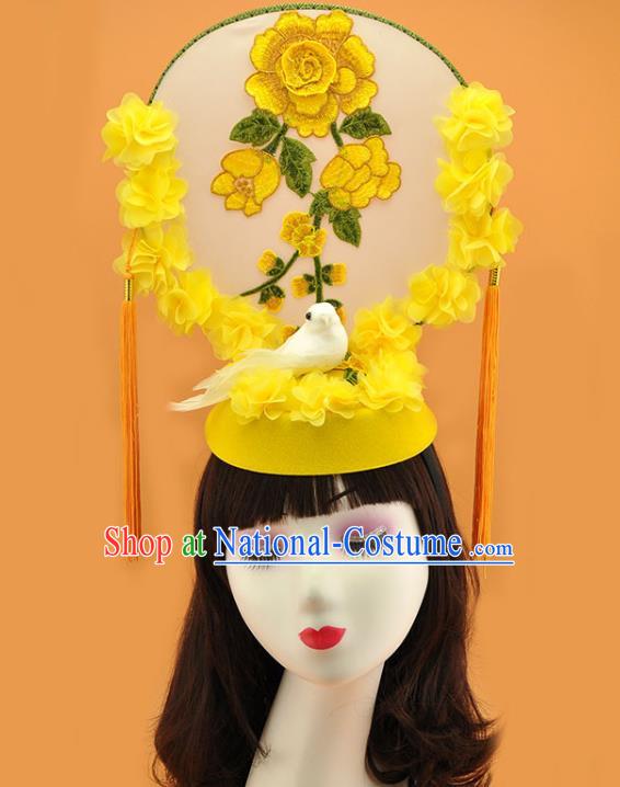 Chinese Court Embroidered Yellow Flowers Top Hat New Year Catwalks Deluxe Headwear Stage Show Pigeon Hair Crown