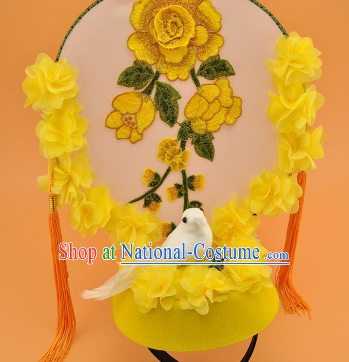 Chinese Court Embroidered Yellow Flowers Top Hat New Year Catwalks Deluxe Headwear Stage Show Pigeon Hair Crown