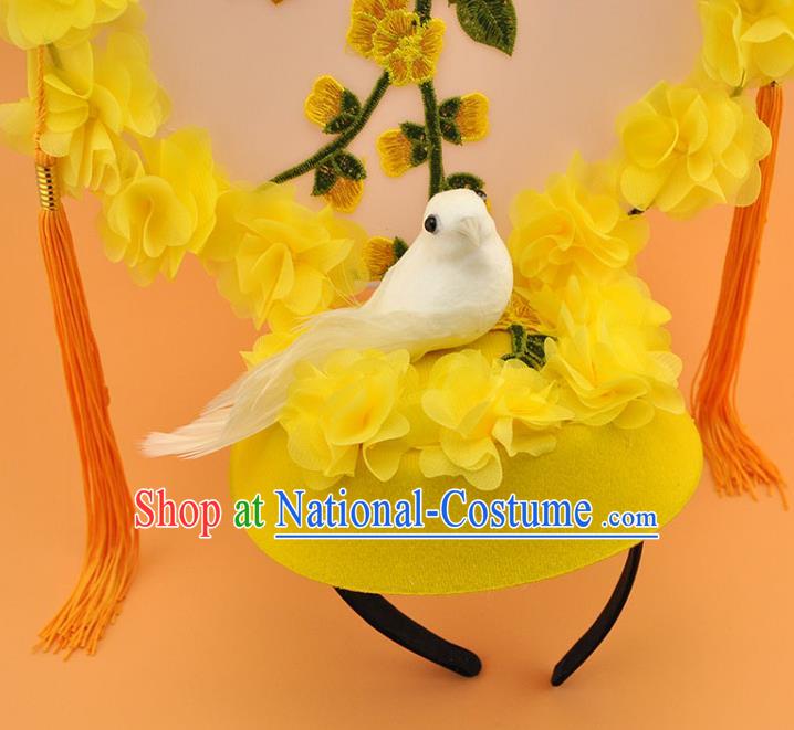 Chinese Court Embroidered Yellow Flowers Top Hat New Year Catwalks Deluxe Headwear Stage Show Pigeon Hair Crown