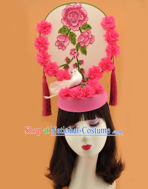 Chinese Stage Show Pink Hair Crown Court Embroidered Flowers Top Hat New Year Catwalks Deluxe Headpiece