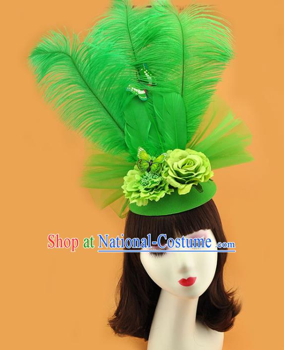 Top Rio Carnival Royal Crown Halloween Fancy Ball Hat Miami Green Feathers Headdress Cosplay Party Hair Accessories