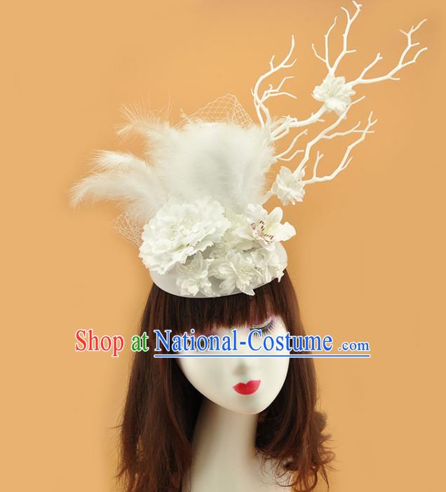 Top Brazilian Carnival Royal Crown Halloween Party White Flowers Hat Miami Feather Headdress Cosplay Fancy Ball Hair Accessories