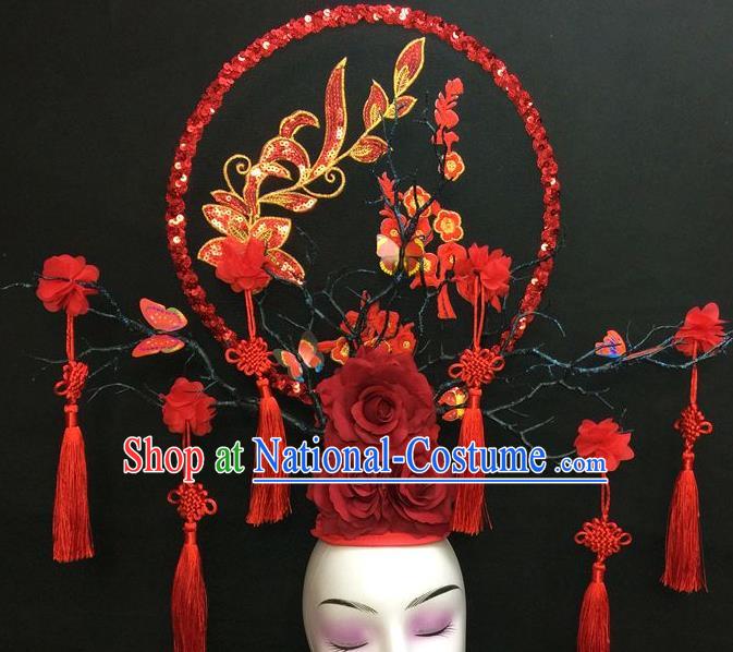 Chinese Handmade Catwalks Deluxe Headpiece Qipao Stage Show Embroidered Hair Crown Traditional Court Red Peony Sequins Top Hat