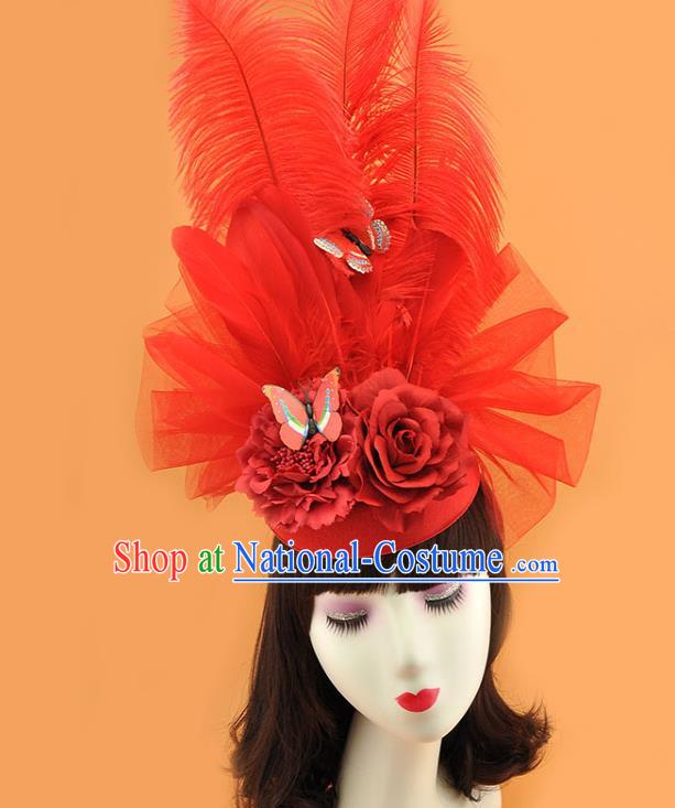 Top Miami Red Feathers Headdress Cosplay Party Hair Accessories Rio Carnival Royal Crown Halloween Fancy Ball Hat