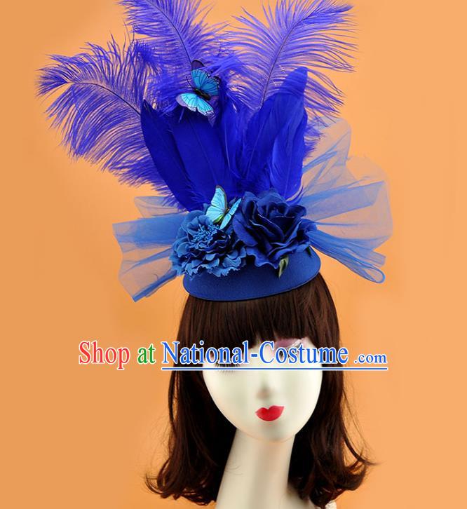 Top Cosplay Party Hair Accessories Rio Carnival Royal Crown Halloween Fancy Ball Hat Miami Royalblue Feathers Headdress