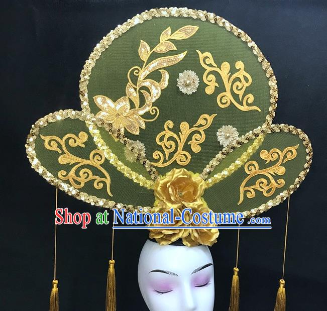 Chinese Traditional Court Golden Rose Top Hat Handmade Catwalks Deluxe Headwear Qipao Stage Show Hair Crown