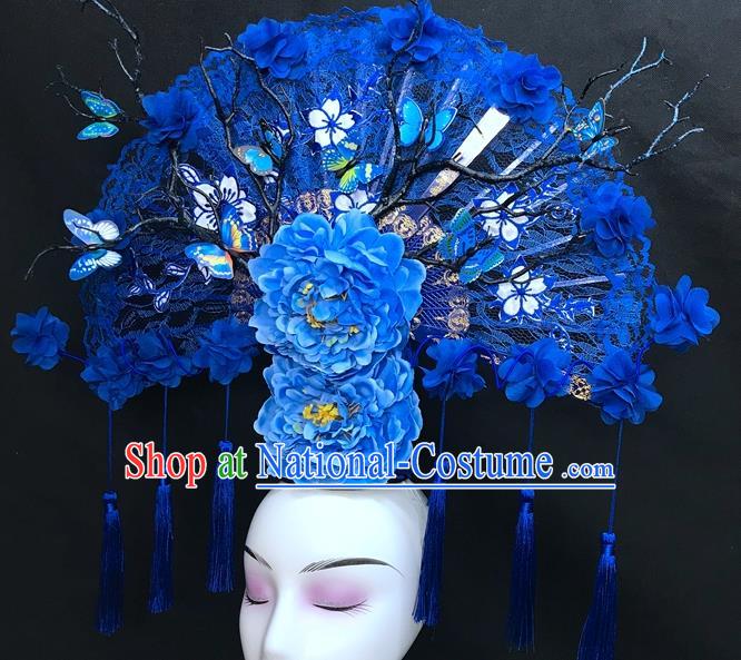 Chinese Traditional Court Giant Blue Peony Fan Top Hat Handmade Catwalks Deluxe Lace Headwear Qipao Stage Show Hair Crown