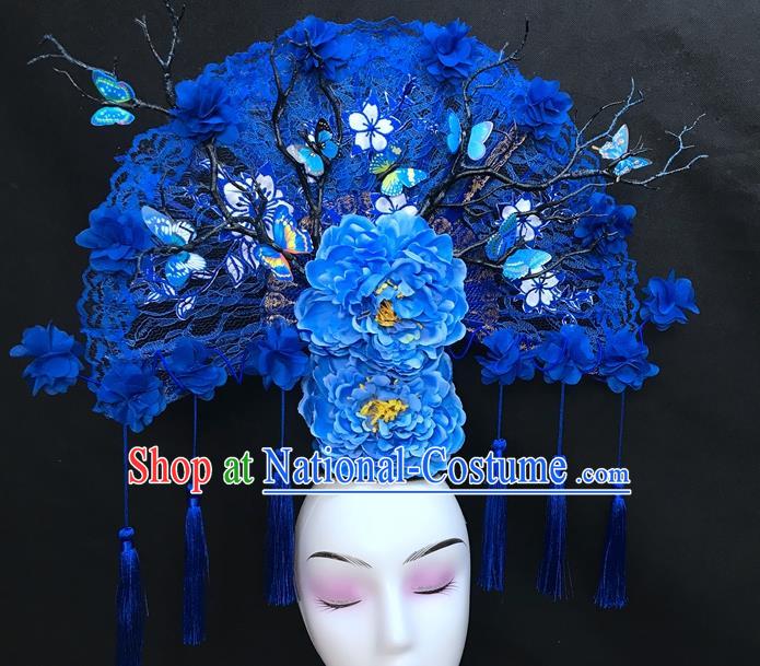 Chinese Traditional Court Giant Blue Peony Fan Top Hat Handmade Catwalks Deluxe Lace Headwear Qipao Stage Show Hair Crown