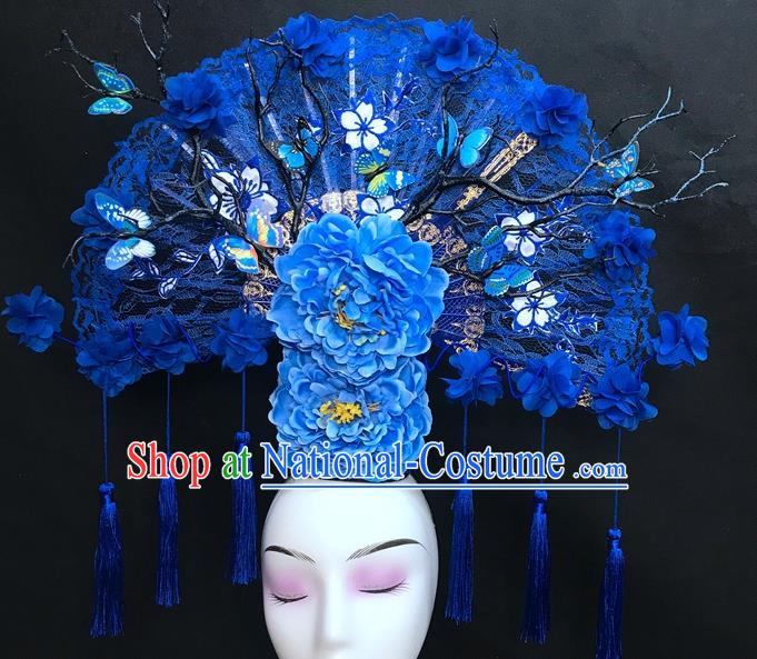 Chinese Traditional Court Giant Blue Peony Fan Top Hat Handmade Catwalks Deluxe Lace Headwear Qipao Stage Show Hair Crown