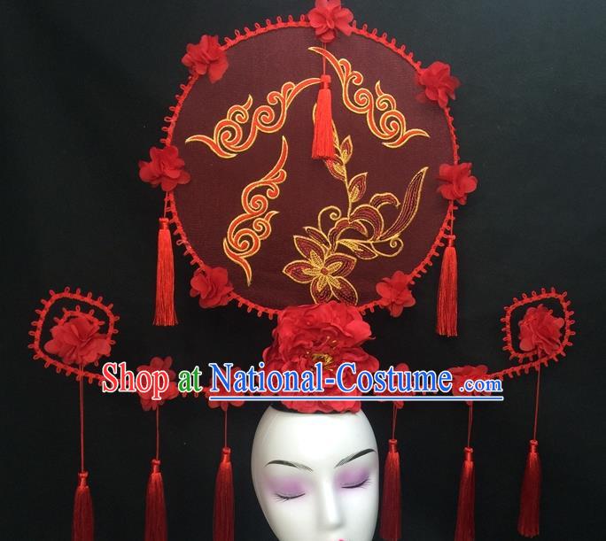 Chinese Traditional Court Giant Red Peony Top Hat Handmade Catwalks Deluxe Headwear Qipao Stage Show Tassel Hair Crown