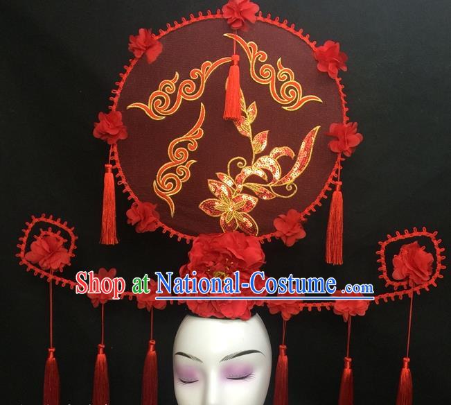 Chinese Traditional Court Giant Red Peony Top Hat Handmade Catwalks Deluxe Headwear Qipao Stage Show Tassel Hair Crown