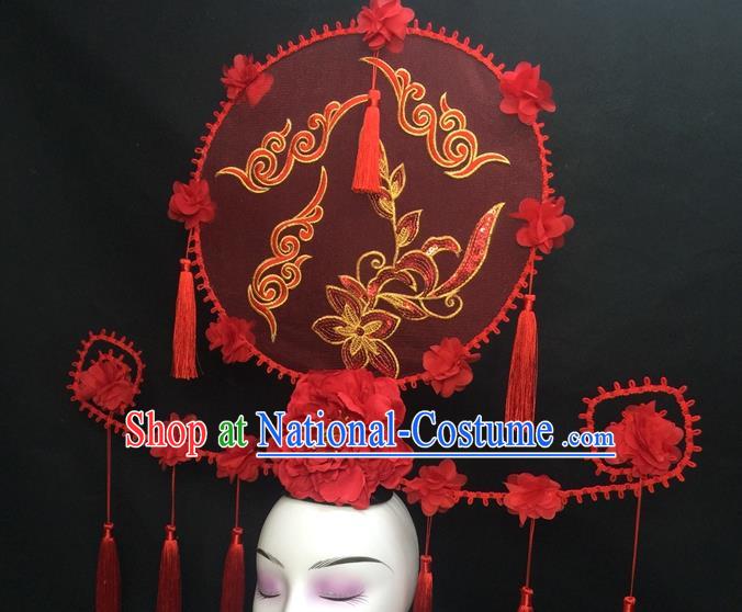 Chinese Traditional Court Giant Red Peony Top Hat Handmade Catwalks Deluxe Headwear Qipao Stage Show Tassel Hair Crown