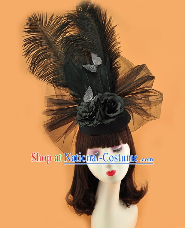 Top Brazilian Carnival Royal Crown Halloween Fancy Ball Hat Miami Black Feathers Headdress Cosplay Party Hair Accessories