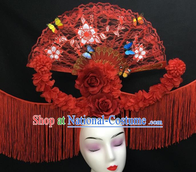 Chinese Handmade Catwalks Deluxe Tassel Headwear Qipao Stage Show Red Lace Fan Hair Crown Traditional Court Giant Flowers Top Hat