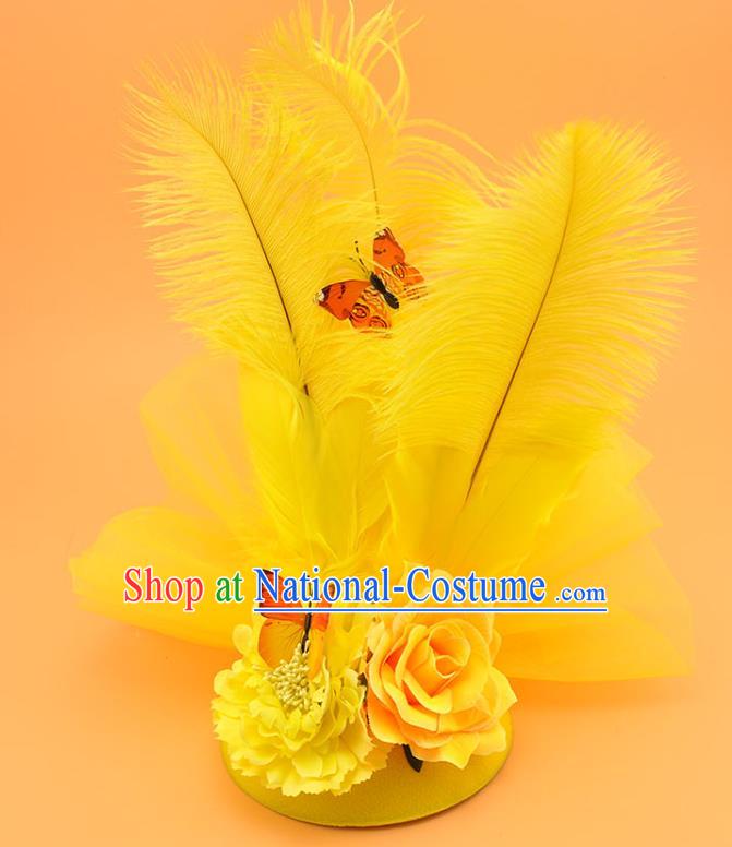 Top Cosplay Party Hair Accessories Brazilian Carnival Royal Crown Halloween Fancy Ball Hat Miami Yellow Feathers Headdress