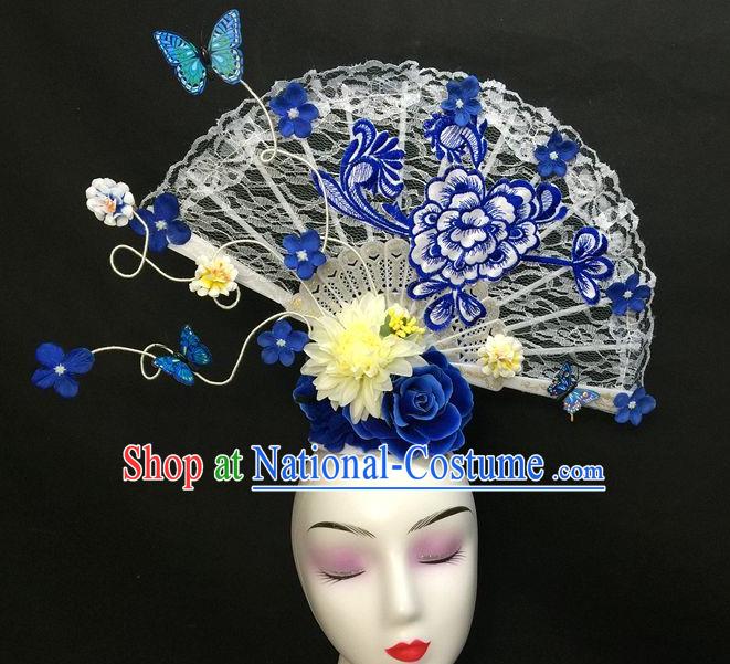 Chinese Handmade Catwalks Deluxe Embroidered Peony Headwear Qipao Stage Show White Lace Fan Hair Crown Traditional Court Giant Top Hat