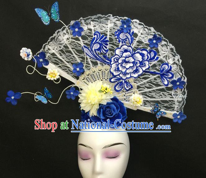 Chinese Handmade Catwalks Deluxe Embroidered Peony Headwear Qipao Stage Show White Lace Fan Hair Crown Traditional Court Giant Top Hat