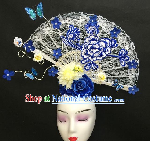 Chinese Handmade Catwalks Deluxe Embroidered Peony Headwear Qipao Stage Show White Lace Fan Hair Crown Traditional Court Giant Top Hat