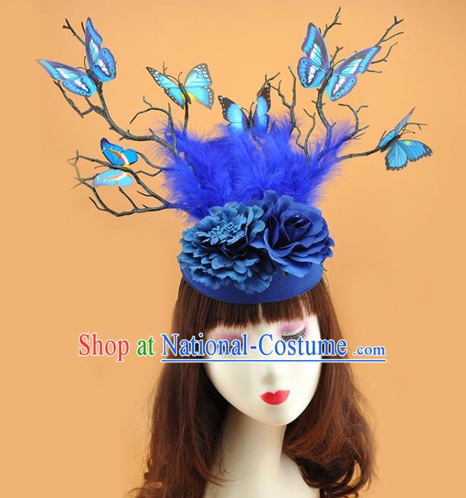 Top Brazilian Carnival Feather Royal Crown Halloween Fancy Ball Branch Hat Miami Blue Butterfly Headdress Cosplay Party Hair Accessories