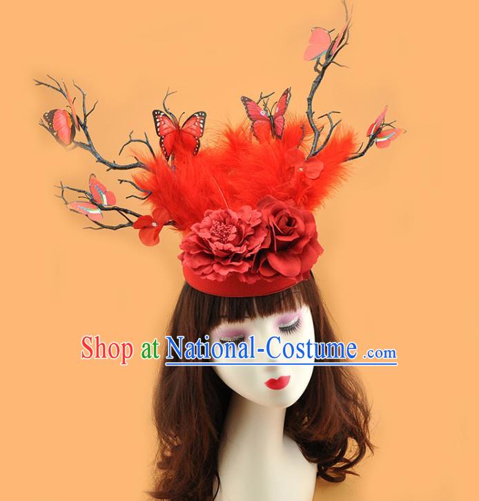 Top Cosplay Party Hair Accessories Brazilian Carnival Feather Royal Crown Halloween Fancy Ball Branch Hat Miami Red Butterfly Headdress