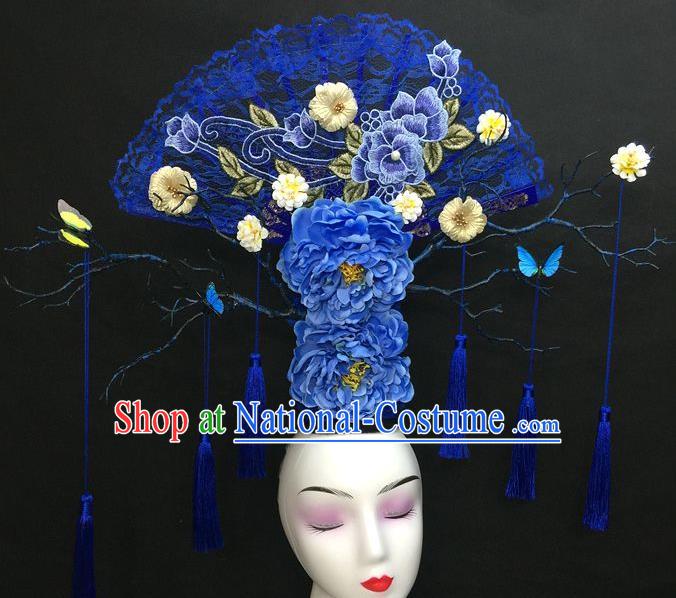 Chinese Traditional Court Giant Lace Fan Top Hat Handmade Catwalks Deluxe Blue Peony Headwear Qipao Stage Show Tassel Hair Crown