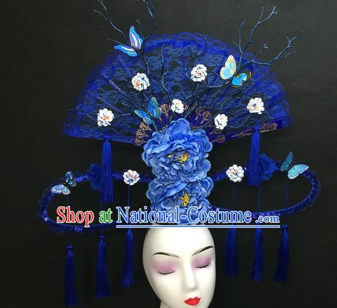 Chinese Qipao Stage Show Tassel Hair Crown Traditional Court Giant Lace Fan Top Hat Handmade Catwalks Deluxe Blue Peony Headwear