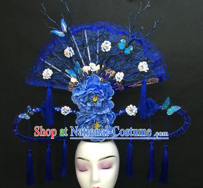 Chinese Qipao Stage Show Tassel Hair Crown Traditional Court Giant Lace Fan Top Hat Handmade Catwalks Deluxe Blue Peony Headwear