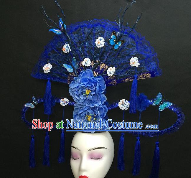 Chinese Qipao Stage Show Tassel Hair Crown Traditional Court Giant Lace Fan Top Hat Handmade Catwalks Deluxe Blue Peony Headwear