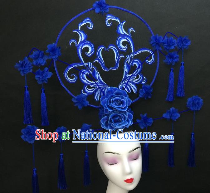 Chinese Traditional Court Giant Blue Peony Top Hat Handmade Catwalks Deluxe Tassel Fashion Headwear Qipao Stage Show Hair Crown