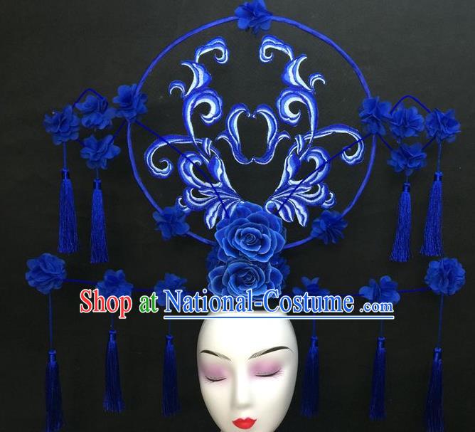 Chinese Traditional Court Giant Blue Peony Top Hat Handmade Catwalks Deluxe Tassel Fashion Headwear Qipao Stage Show Hair Crown