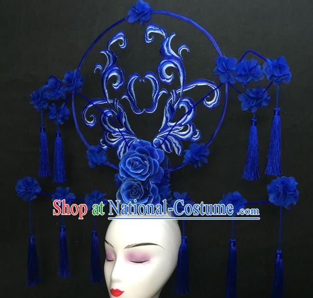 Chinese Traditional Court Giant Blue Peony Top Hat Handmade Catwalks Deluxe Tassel Fashion Headwear Qipao Stage Show Hair Crown