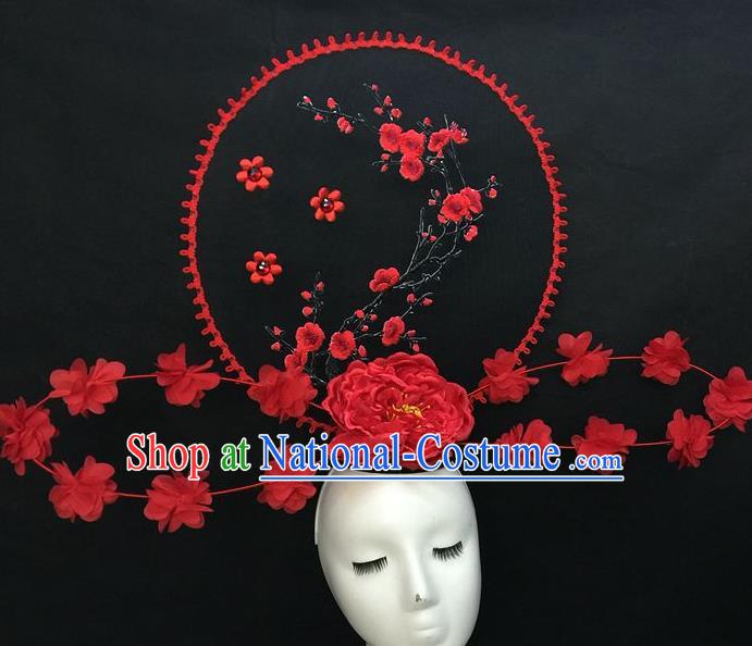 Chinese Cheongsam Stage Show Embroidered Red Plum Hair Crown Traditional Court Giant Top Hat Handmade Catwalks Deluxe Peony Fashion Headwear