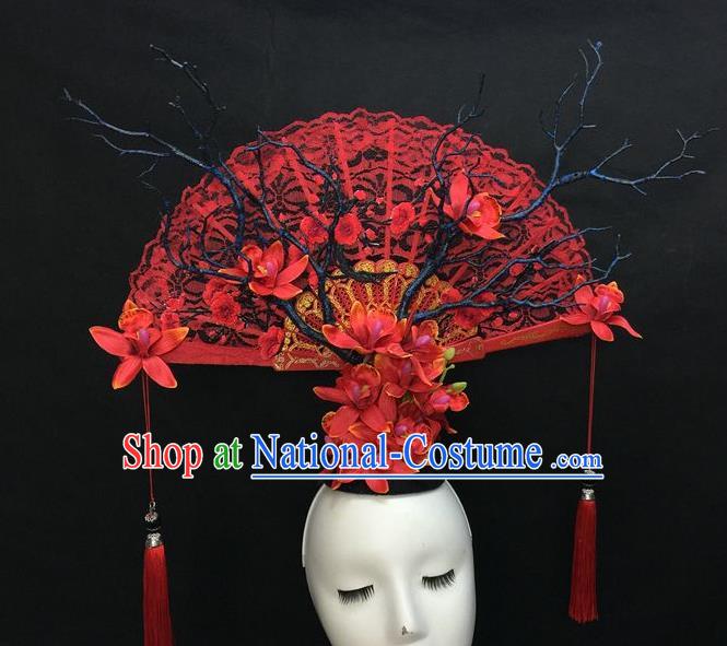 Chinese Handmade Catwalks Red Lace Fashion Headwear Cheongsam Stage Show Giant Hair Crown Traditional Court Deluxe Top Hat