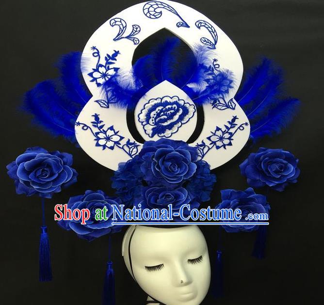 Chinese Handmade Fashion Show Giant Feather Hair Crown Traditional Stage Court Top Hat Cheongsam Catwalks Deluxe Blue Peony Headwear