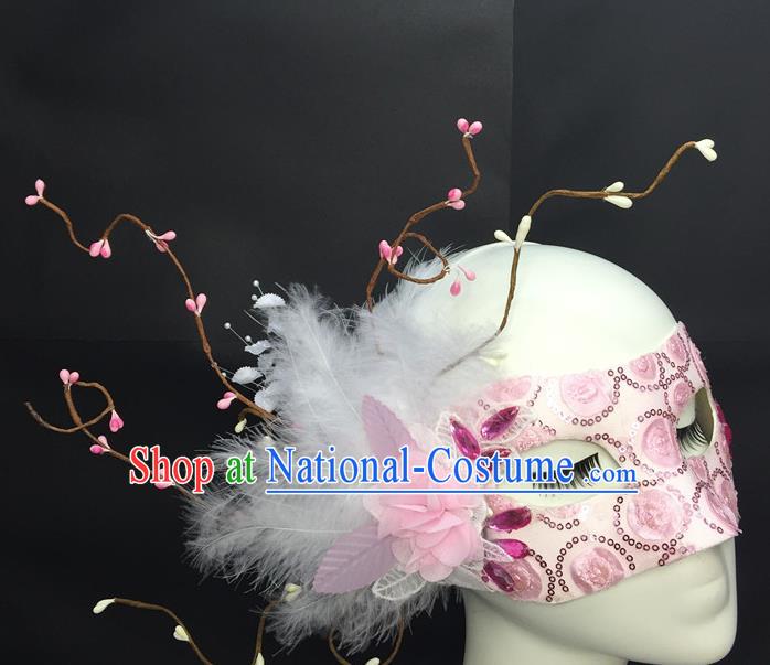 Handmade Halloween Cosplay Pink Mask Costume Party Blinder Headpiece Rio Carnival Feather Face Mask