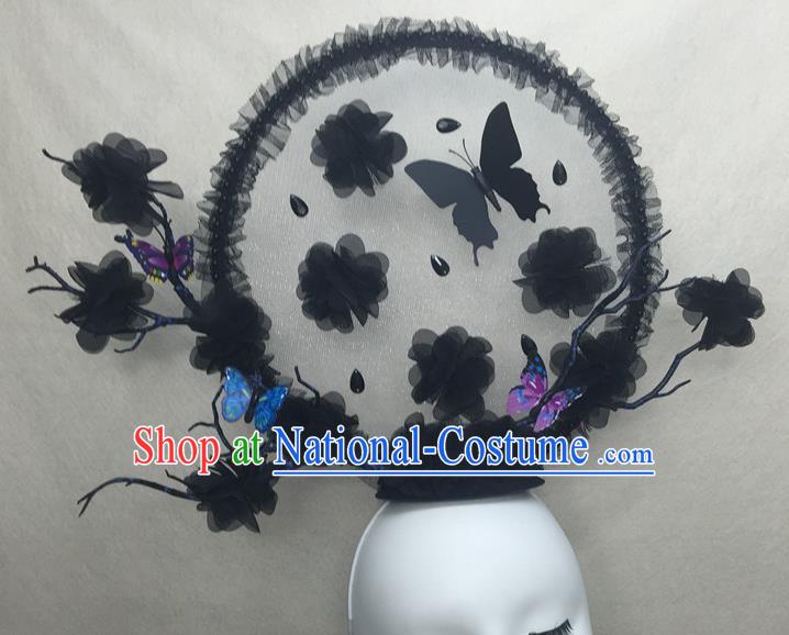 Top Gothic Black Silk Flowers Headdress Cosplay Party Hair Accessories Bride Royal Crown Halloween Fancy Ball Butterfly Top Hat